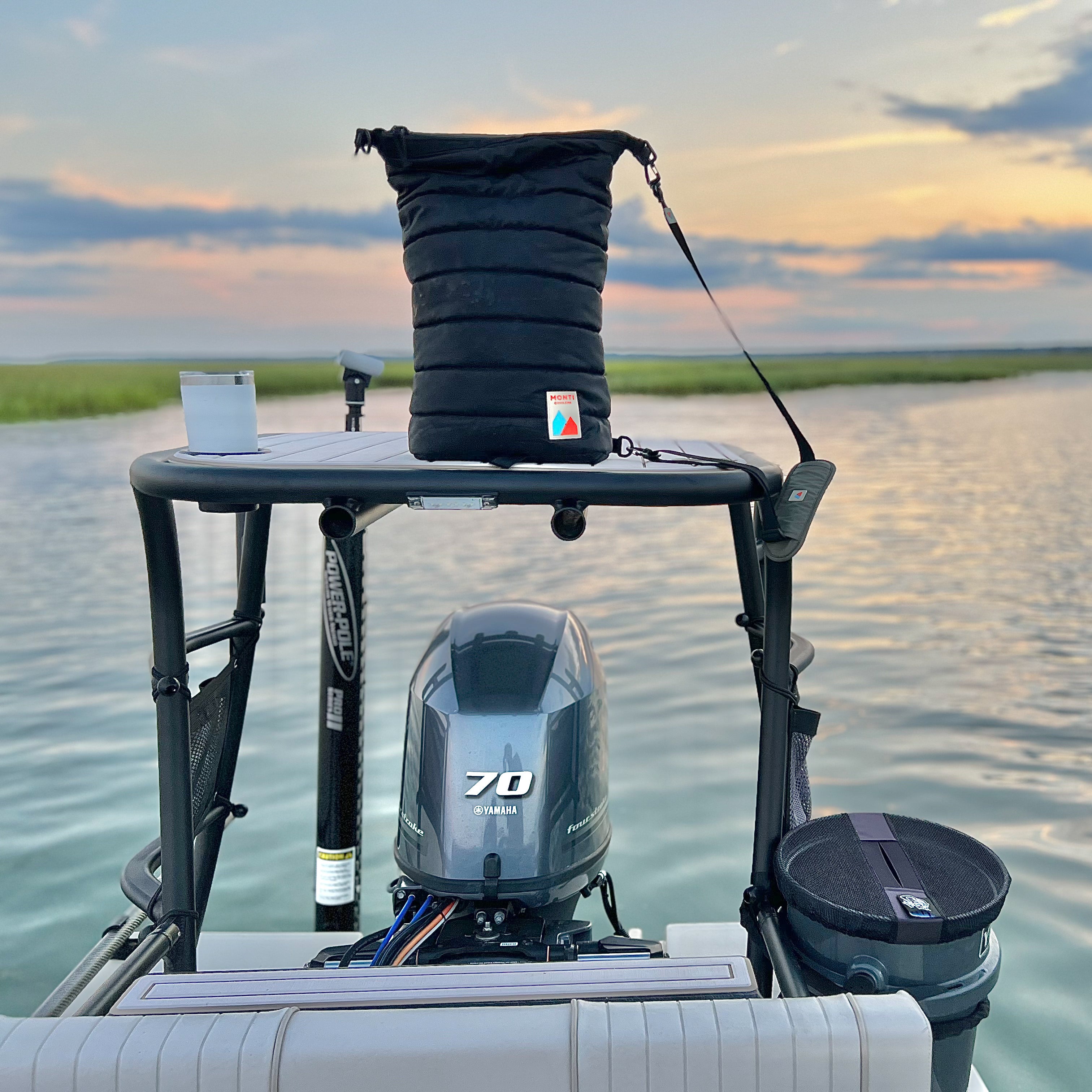 Monti Mayfly 14L High Capacity Lightweight Travel Cooler. Folds into built in stuff sack. Packable Cooler Black. Skiff cooler. Cooler on poling platform. Fly fishing Cooler. Fishing Cooler.