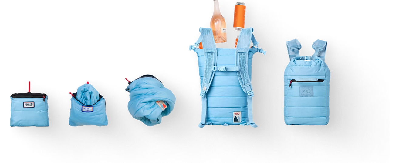 Monti cooler folded, packed, and carried as a backpack